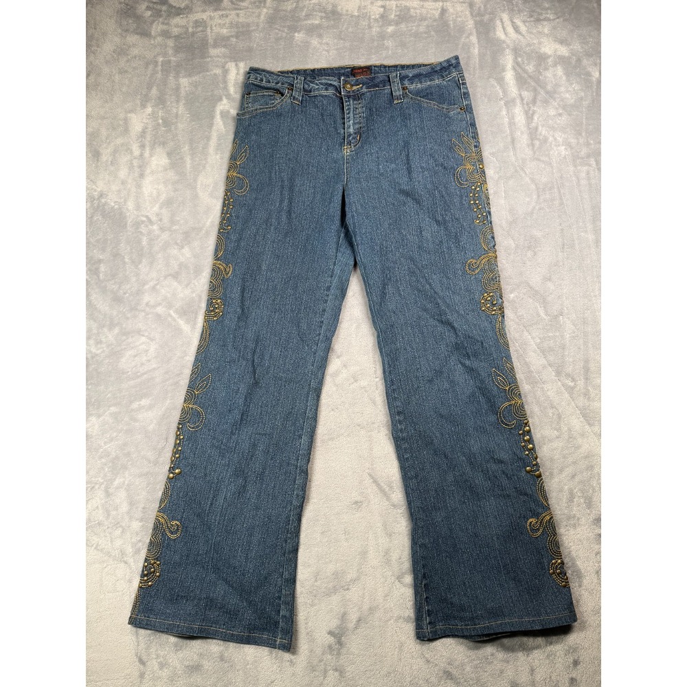 Andre Bini Flare Jeans Womens 10 Blue Denim Stretch Floral Embroidered Studded